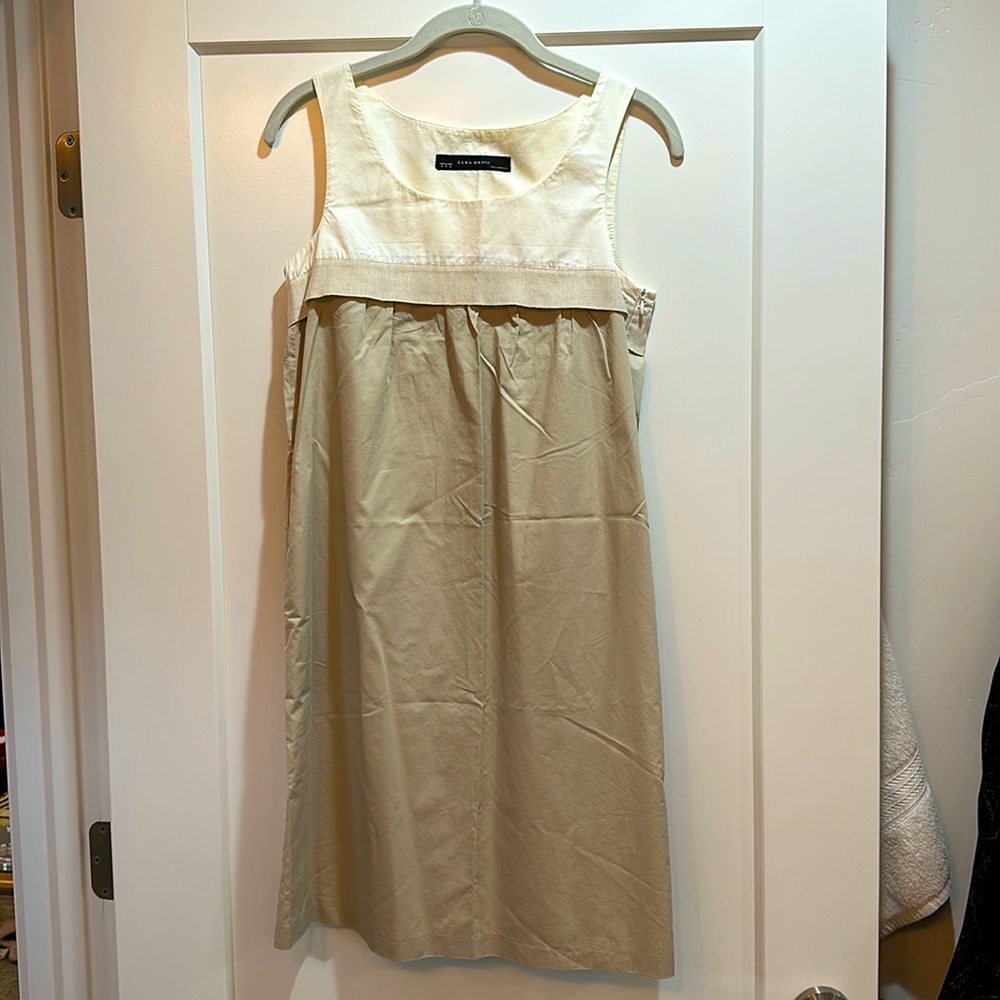 Zara babydoll dress tan and cream with ribbon trim size medium